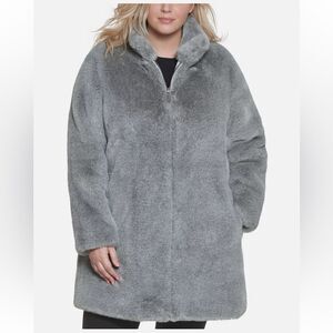 Calvin Klein Womens Size 2X Gray Soft Faux-Fur Mid-Length Anorak Coat Front Zip